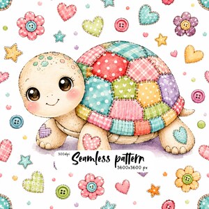 May include: A seamless pattern featuring a cartoon turtle with a patchwork shell made of colorful plaid, polka dot, and heart-patterned segments. The background includes scattered hearts, stars, buttons, and flowers. Text reads: Seamless pattern 300dpi 3600x3600 px.