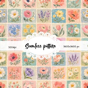 May include: A seamless pattern featuring a grid of floral illustrations. Each square showcases a different flower, including daisies, roses, and poppies, in soft pastel colors. The text "Seamless pattern" is displayed in a decorative font.