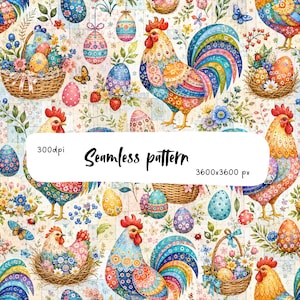 May include: A seamless pattern featuring colorful roosters, decorated Easter eggs, woven baskets filled with flowers and eggs, butterflies, and strawberries. The image includes the text 300dpi, Seamless pattern, and 3600x3600 px.