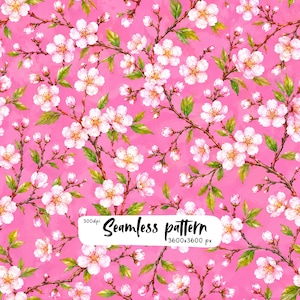 May include: A seamless pattern featuring white cherry blossoms with yellow centers and green leaves on a bright pink background. A white rectangular label in the center displays the black text 300dpi Seamless pattern 3600x3600 px.