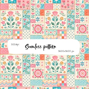 Könnte beinhalten: Ein nahtloses Muster mit einem Patchwork-Design aus Blumenmotiven, geometrischen Quadraten und Zickzackstreifen in Rosa-, Blau-, Orange- und Cremetönen. Das Bild enthält den Text 300dpi, Seamless pattern und 3600x3600 px.