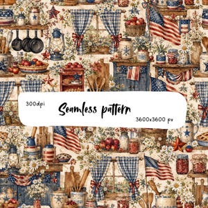Patriotic Farmhouse Kitchen Seamless Pattern, Americana Country Cottage Digital Paper, Rustic Flag Pie Floral Fabric PNG
