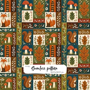 Puede incluir: Un patrón sin costuras con una cuadrícula repetitiva de elementos forestales que incluye zorros naranjas, ardillas marrones, setas rojas y blancas y hojas de roble marrones sobre un fondo oscuro. Incluye el texto Seamless pattern 300dpi 3600x3600 px.