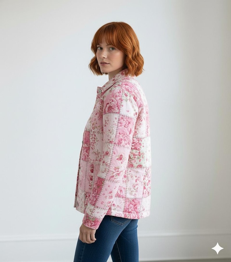 K&ouml;nnte beinhalten: Rosa gesteppte Jacke mit floralem Patchwork-Design. Die Jacke hat eine Knopfleiste vorne und einen Kragen. Das Blumenmuster umfasst Rosa- und Wei&szlig;t&ouml;ne. Die Person tr&auml;gt eine blaue Jeans.