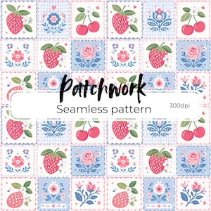 May include: A repeating pattern of patchwork squares featuring strawberries, cherries, and floral designs in pink, red, and blue. The text "Patchwork Seamless pattern" is displayed in the center of the image.