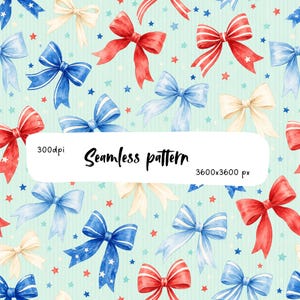 May include: A seamless pattern featuring watercolor bows in red, blue, and cream on a light mint green background with small stars and vertical stripes. The image includes the text 300dpi, Seamless pattern, and 3600x3600 px in black font.