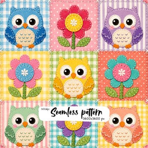 May include: A digital seamless pattern featuring a grid of nine squares with felt-style owls and flowers. The design includes blue, purple, yellow, green, and orange owls, alongside pink, teal, and purple flowers on checkered backgrounds. Text reads Seamless pattern 300dpi 3600x3600 px.