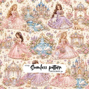 May include: A seamless pattern featuring illustrated figures in ornate ballgowns, castles, swans, kittens, and puppies amidst floral arrangements. The image includes the text 300dpi Seamless pattern 3600x3600 px in a white rectangular box.