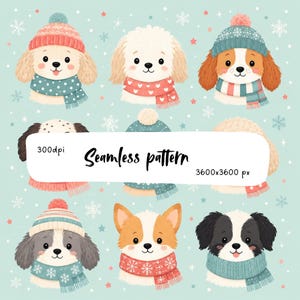 Op de afbeelding: Een naadloos patroon met geïllustreerde honden die wintermutsen en sjaals dragen op een lichtblauwe achtergrond met sneeuwvlokken en sterren. De afbeelding bevat de tekst 300dpi, Seamless pattern en 3600x3600 px op een centrale witte banner.