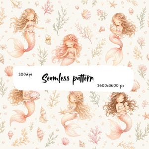 Può includere: Un motivo senza giunture con illustrazioni di sirene dai lunghi capelli fluenti, conchiglie, stelle marine e coralli su sfondo color crema. Il testo 300dpi, Seamless pattern e 3600x3600 px è stampato al centro dell'immagine.