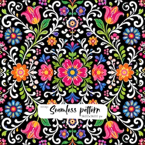 May include: A seamless pattern featuring a vibrant floral design on a black background. The illustration includes pink tulips, orange daisies, and blue flowers with white swirling vines and green leaves. Text reads 300dpi Seamless pattern 3600x3600 px.