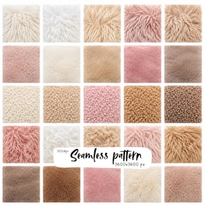 May include: A grid of twenty-five square swatches featuring various textures of faux fur and sherpa fabric in shades of white, cream, beige, tan, brown, and pink. A white label in the centre displays the text 300dpi Seamless pattern 3600x3600 px.