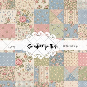 Pode incluir: Um padrão sem costuras apresentando um mosaico de quadrados com vários estampados florais, bolinhas e riscas em tons de rosa, azul, verde e creme. A imagem inclui uma etiqueta central branca recortada com o texto Seamless pattern.