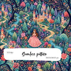 May include: A seamless pattern featuring a central figure in a pink gown and crown, surrounded by a dense forest, winding paths, small stone bridges, and multiple castles. The design includes vibrant flowers and trees with text reading 300dpi Seamless pattern 3600x3600 px.