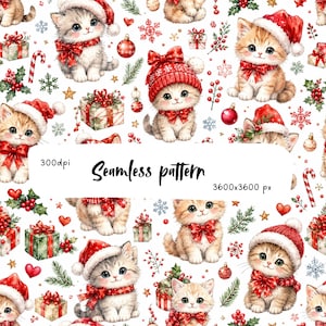 Motivo senza soluzione di continuità con gattini natalizi carini PNG, design per tessuti con gatti per le feste, gattini con fiocco rosso, carta digitale natalizia stravagante da scaricare
