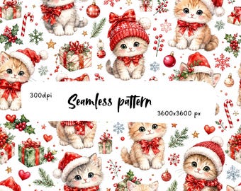 May include: A seamless pattern featuring illustrations of kittens wearing red Santa hats and scarves, interspersed with Christmas gifts, red ornaments, candy canes, holly berries, pine branches, and snowflakes on a white background.
