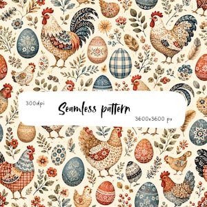 Folk Art Rooster Easter Seamless Pattern, Scandinavian Farmhouse Chicken Print, Decorative Easter Eggs Fabric, Rustic Spring Digital Paper