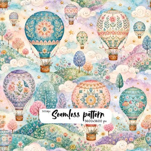 Motif sans couture de montgolfières florales bohèmes | Papier numérique ciel féerique aquarelle | Imprimé textile fantaisiste pour chambre d'enfant | PNG