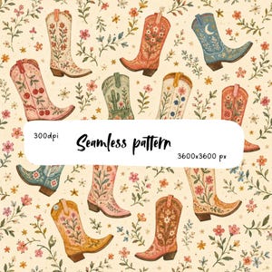 Pode incluir: Um padrão contínuo com várias botas de cowboy decoradas com motivos florais, cerejas, cactos e celestiais num fundo creme. A imagem inclui o texto 300dpi, Seamless pattern e 3600x3600 px em letras de cor preta.