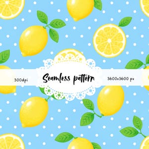 Pode incluir: Padrão sem costura com limões amarelos e folhas verdes sobre um fundo azul claro com bolinhas brancas. Os limões estão inteiros, fatiados e pela metade. O texto "Seamless pattern" é exibido em uma moldura decorativa. Resolução da imagem: 3600x3600 px.