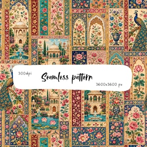 Persian Mughal Floral Peacock Seamless Pattern, Royal Garden Patchwork Quilt Digital Paper, Wallpaper Fabric Print Repeat