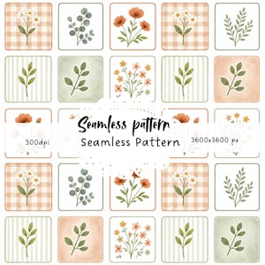 Pode incluir: Um design de padrão sem costura com elementos florais e botânicos. O design inclui quadrados com várias ilustrações de flores, folhas e folhagens, em fundos de xadrez, listras e cores sólidas. O texto "Seamless pattern" também está incluído.