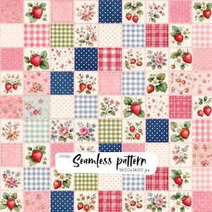 Op de afbeelding: Een naadloos patroon met een raster van vierkante tegels met diverse ontwerpen, waaronder rode aardbeien, groene bladeren, witte bloemen, roze bloemenprints, blauw-witte stippen en rode, groene of blauwe ruit- en blokpatronen.
