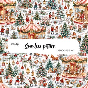 Vintage Christmas Carousel Seamless Pattern, Victorian Holiday Wonderland, Winter Village Fabric, Pink Christmas Digital Paper Decor