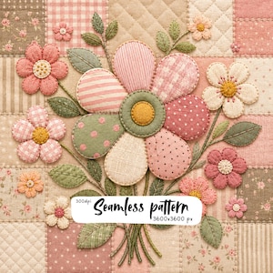 Pink Patchwork Flower Bouquet Pattern, Cottagecore Quilted Floral Digital Paper, Shabby Chic Fabric, Scrapbook Design