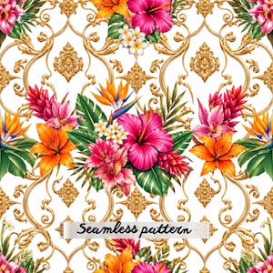 Puede incluir: Patrón sin costuras con un diseño floral tropical, con hibiscos rosas vibrantes, lirios naranjas y otras flores exóticas. El diseño incluye elementos barrocos dorados y el texto "Seamless pattern" sobre un fondo blanco.