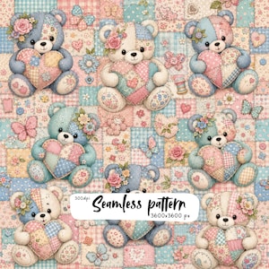 Pode incluir: Um padrão contínuo com vários ursos de peluche em tons de azul e creme, cada um segurando um coração de patchwork. Os ursos são adornados com flores e rodeados por borboletas, corações e botões. Texto: Seamless pattern 300dpi 3600x3600 px.