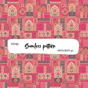 Könnte beinhalten: Ein nahtloses Muster aus einem Patchwork rechteckiger Blöcke in Rosa-, Magenta- und Petroltönen. Das Design enthält florale Motive in Bogenrahmen, Paisleymuster und komplexe geometrische Bordüren mit dem Text 300dpi und 3600x3600 px.