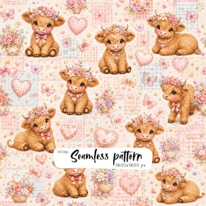 May include: A seamless pattern featuring fluffy brown highland calves wearing floral crowns, interspersed with pink hearts, butterflies, and floral arrangements on a light pink and blue checkered background. Text reads: 300dpi Seamless pattern 3600x3600 px.