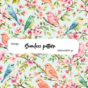 Könnte beinhalten: Ein nahtloses Muster mit Aquarellvögeln in Blau, Grün und Rosa auf Kirschblütenzweigen vor einem hellen mintfarbenen Hintergrund. Das Bild enthält den Text 300dpi, Seamless pattern und 3600x3600 px in einem weißen Kasten.