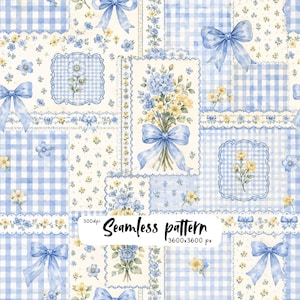 Könnte beinhalten: Ein nahtloses Muster mit einem Patchwork-Design aus hellblauen Vichy-Karos, cremefarbenen Hintergründen mit kleinen gelben und blauen Blumenmustern sowie dekorativen blauen Schleifen. Der Text 300dpi Seamless pattern 3600x3600 px ist sichtbar.