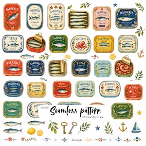May include: A collection of rectangular and oval tins of sardines, mackerel, anchovies, and octopus in olive oil, interspersed with loose fish, lemon slices, leaves, keys, anchors, a sailboat, and the text Seamless pattern 3600x3600 px.