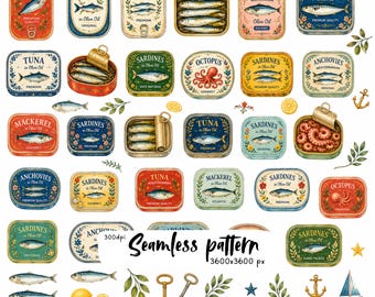 Vintage Sardine Tin Collection | Coastal Seafood Labels Watercolor | Mediterranean Fish Can Clipart | Nautical Kitchen Design
