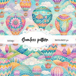 May include: Watercolor seamless pattern featuring colorful hot air balloons with intricate designs, floating above a whimsical landscape of hills and clouds. The text "Seamless pattern" is displayed in the image.