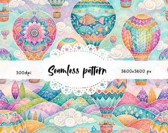 Motivo senza cuciture con mongolfiera in stile boho JPG | Ripetizione con cielo pastello stravagante | Stampa su tessuto con fantasia di mongolfiere mandala | Superficie acquerellata da sogno