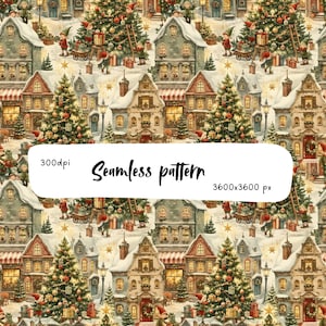 Op de afbeelding: Een naadloos patroon met een feestelijk winterdorp, besneeuwde huizen, versierde kerstbomen en kleine elfen. Het ontwerp bevat de tekst 300dpi, Seamless pattern en 3600x3600 px in een wit tekstvak in het midden.