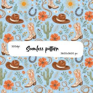 Western Cowgirl Seamless Pattern, Cowboy Boots & Hats Print, Desert Cactus Floral Design, Rustic Rodeo Fabric Pattern, Country Western
