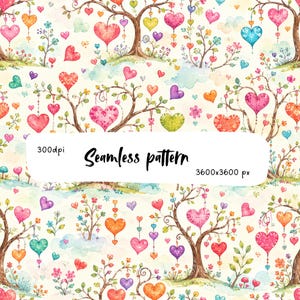 Nahtloses Herzbaummuster, verspielter Aquarell-Valentinstagsstoffdruck, romantisches Cottagecore-Herzen-PNG-Kacheldesign, Kunstverkäufer auf Etsy