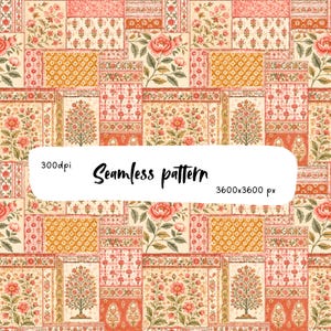 Könnte beinhalten: Ein nahtloses Muster aus einem Patchwork rechteckiger Blöcke mit Blumenmotiven, botanischen Illustrationen und geometrischen Designs in Korallen-, Orange- und Cremetönen. Der Text 300dpi Seamless pattern 3600x3600 px ist darübergelegt.