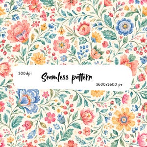 May include: A seamless pattern featuring a floral design with pink, blue, and yellow flowers, green leaves, and small red berries on a cream background. A white overlay displays the text 300dpi, Seamless pattern, and 3600x3600 px.