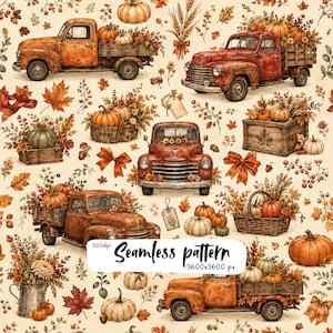 May include: A seamless pattern featuring vintage trucks, pumpkins, autumn leaves, wheat stalks, and wooden crates on a cream background. The design includes text that reads 300dpi Seamless pattern 3600x3600 px in black script and print.