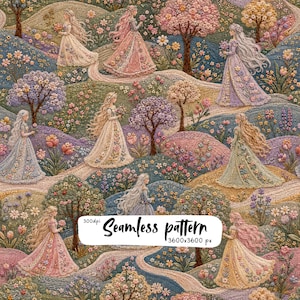 Pode incluir: Um padrão contínuo apresentando várias figuras com cabelos longos e fluidos vestindo trajes ornamentados em uma paisagem de colinas, flores e árvores. O texto 300dpi Seamless pattern 3600x3600 px está sobreposto no centro.