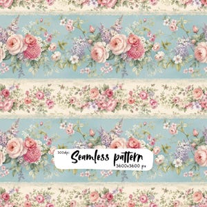 May include: A seamless pattern featuring horizontal stripes of light blue and cream, decorated with clusters of pink roses, purple lilacs, and green leaves. A white label in the centre displays the text 300dpi Seamless pattern 3600x3600 px.