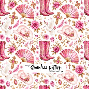 Pode incluir: Um padrão contínuo com botas de cowboy cor-de-rosa, leques dobráveis cor-de-rosa, pombas brancas, rosas cor-de-rosa, cruzes douradas com pedras preciosas cor-de-rosa e chapéus de cowboy cor-de-rosa. Inclui o texto Seamless pattern 300dpi 3600x3600 px.