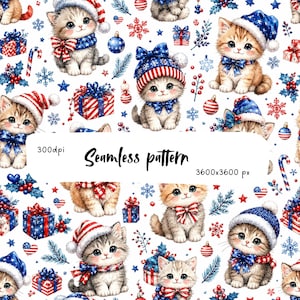 Motivo senza cuciture con gattini natalizi patriottici PNG, design di tessuti con gatti natalizi in stile americano, carta digitale natalizia rossa, bianca e blu