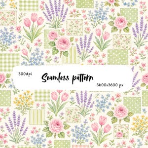 May include: A seamless pattern featuring a patchwork design of light green gingham and polka dot squares interspersed with watercolor illustrations of pink tulips, purple lavender sprigs, pink roses, blue forget-me-nots, and yellow wildflowers.